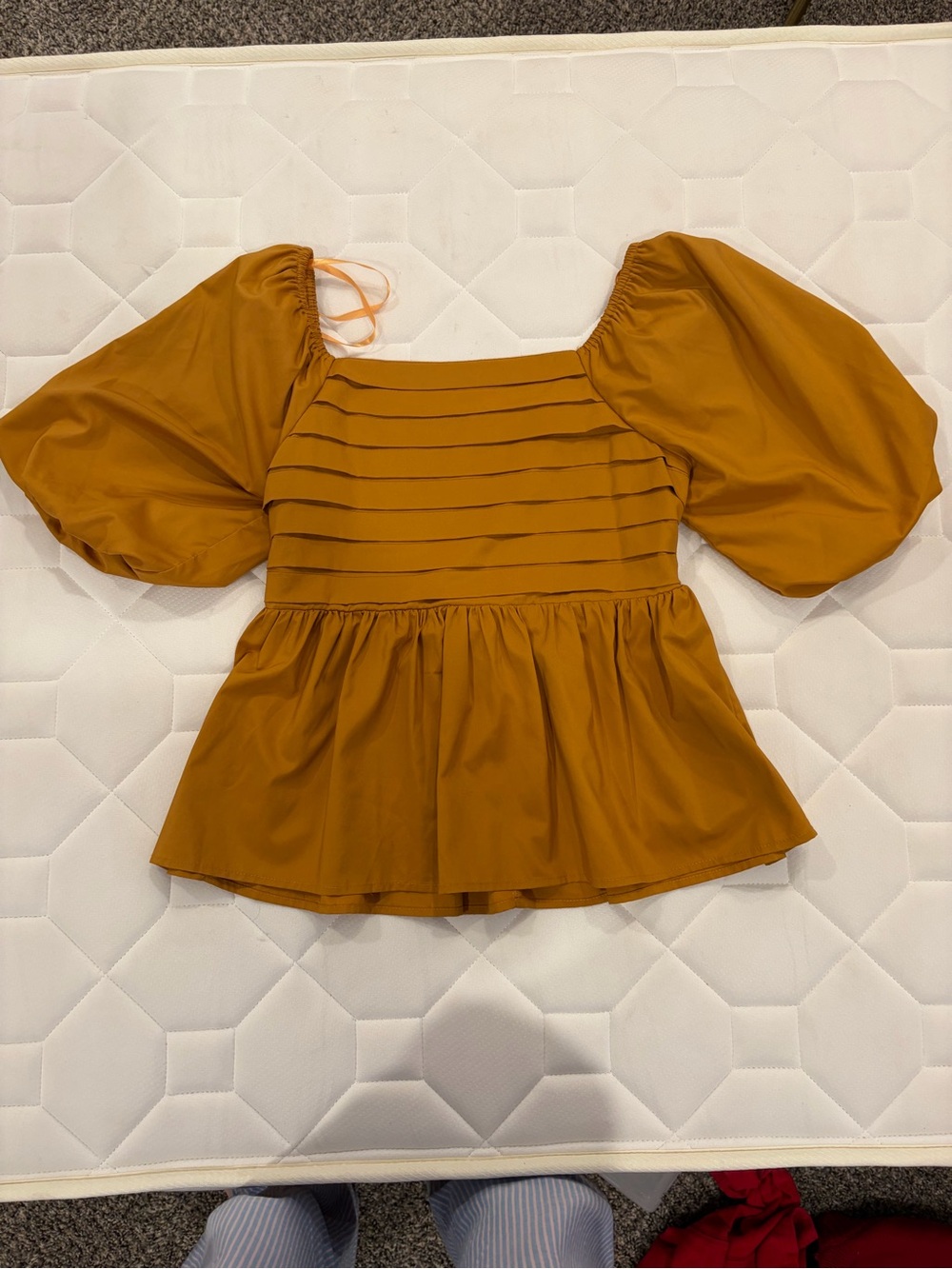 Mustard Puff-Sleeve Square Neck Peplum Top